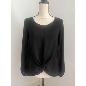 Black Twist Front Long Sleeve Blouse Small Keyhole Classic Minimalist Office Top
